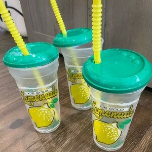 Lemonade Tumblers with Green Lids and Straws